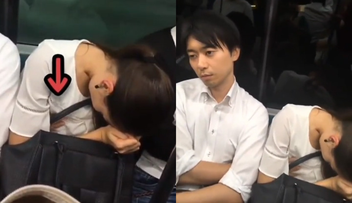 [Japan] A real tram moron blatantly touches the elders of female passengers