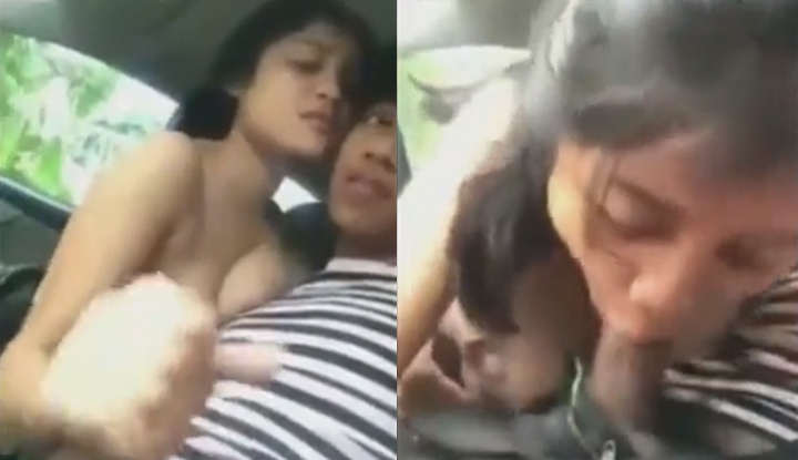 O casal jovem das Filipinas começou a brincar no carro durante o passeio.