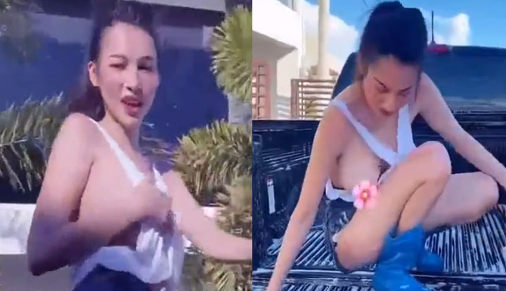 VIRAL Carwash Girl Không có áo ngực Núm vú màu hồng nhạt nhìn trộm