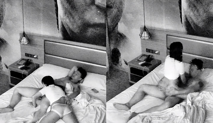 A couple secretly filmed having sex in a hotel room. Even though the woman is petite, she is so attractive that the man couldn't resist giving her oral sex.