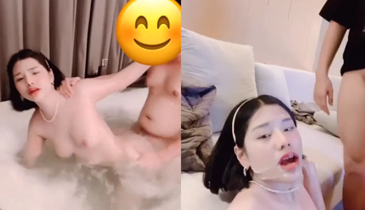 Passionate thrusting in the bathtub, with mouth filled with a lot of semen.