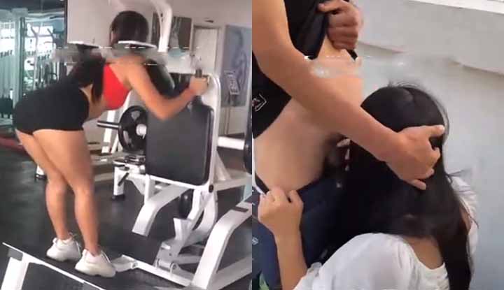 Esposa safada e provocante seduz o treinador na cobertura da academia, ajoelha e lambe antes de um sprint.