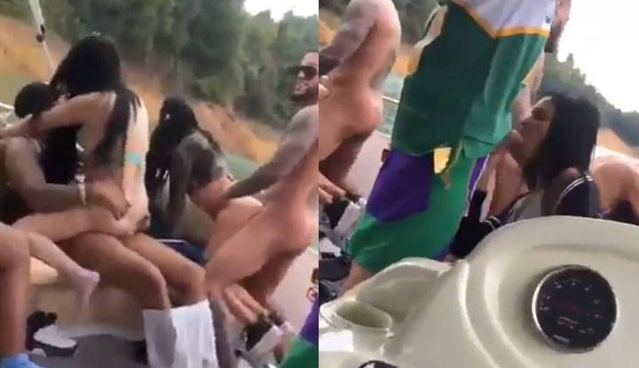 A festa do iate do sexo chegou! Homens bonitos e mulheres atraentes se divertindo com sexo apaixonado no mar.