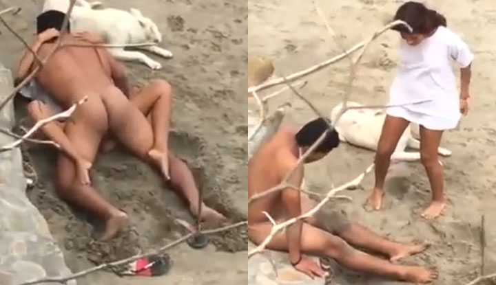 Casal de exibidos fazendo sexo na praia, o voyeur compartilhou a performance do homem musculoso com o mundo.