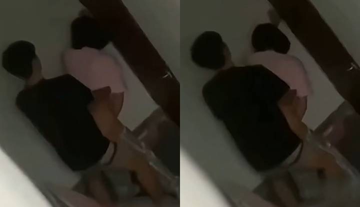 zhejiang ocean university library, a young couple's super exciting kinetic movement: pulling down their pants in the stairwell for a back-to-back stretching pose, the sound of panting and secret defecation perfectly exposed!