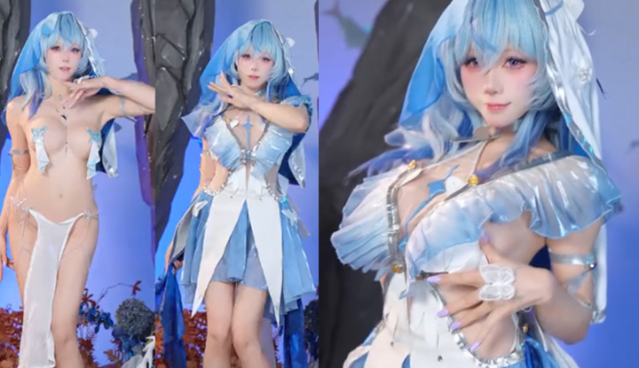 a busty fanservice cosplayer, a silky bunny, transforms into a ghost pickle guardian in an online game, delivering extreme eroticism, squeezing her big tits, dripping her plump ass, and shaking up the forest with a wet dance on the double screen. god-level direct!