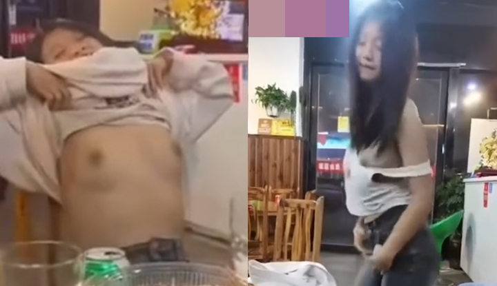 สาวฮอตสุดเซ็กซี่ทำตัวเจ้าชู้ที่โต๊ะดื่ม: ดึงเสื้อผ้าเผยเนินอกขณะยั่วเพศตรงข้าม, เต้นรำเผ็ดร้อนน่าหลงใหลบิดเอวทำให้หลุดโชว์หัวนม, ภาพถ่ายจากสถานที่จริงหยาบคายและไม่เหมาะสมอย่างยิ่ง!